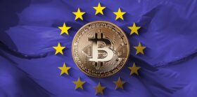 Bitcoin golden coin with European Union stars on ultraviolet background
