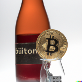 A close-up of a bottle with a bitcoin