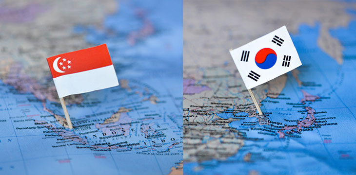 Map with flag of Korea and Singapore