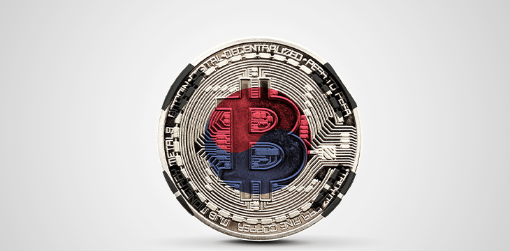 South Korea flag on a bitcoin cryptocurrency coin