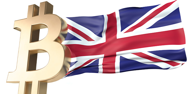 Gold bitcoin cryptocurrency with a waving UK flag