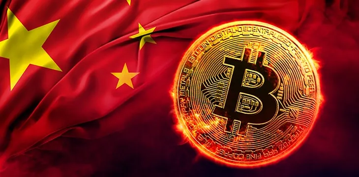 Golden bitcoin coin on the chinese flag