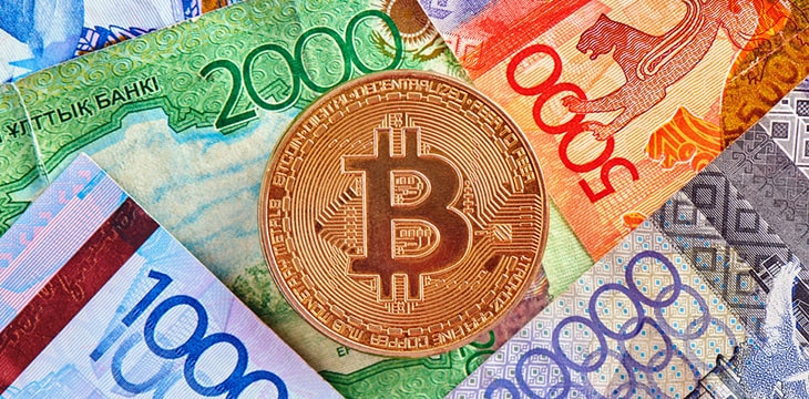 Bitcoin in front of Kazakh Tenge money