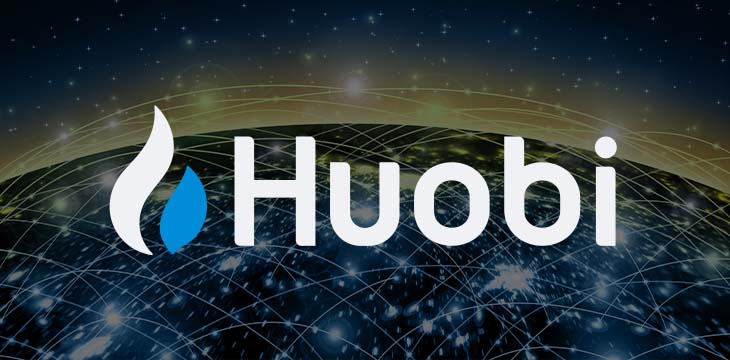 huobi logo with world tech background