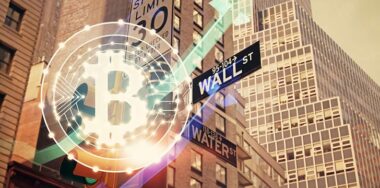 Double exposure of crypto currency theme hologrram with Wall St. Street Sign