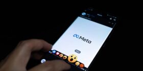 Meta logo is shown on a device screen — Stock Editorial Photography