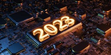 3d rendering of a new year 2023 illuminated sign on a futuristic motherboard microchip — Photo