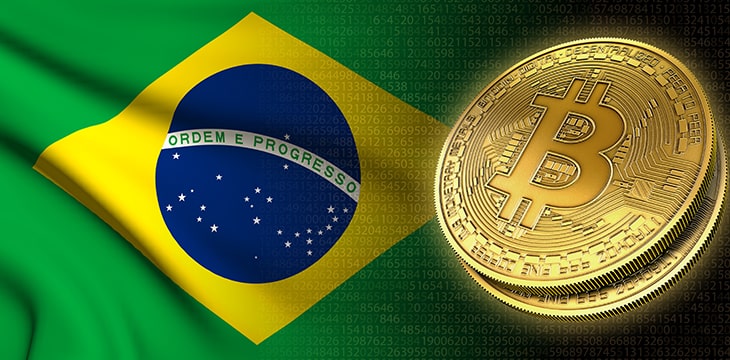 Bitcoin cryptocurrency coin with flag of Brazil