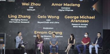 From left to right: Eprom Galang, Managing Director, Coins.ph; Amor Maclang, World FinTech Festival-Philippines and Digital Pilipinas Convenor; Wei Zhou, CEO, Coins.ph; Ling Zhang, Managing Partner, Old Fashion Research; George Michael Aranzaso, Research Analyst, WOO Network; and Gelo Wong, CEO, BayaniChain & Likha.