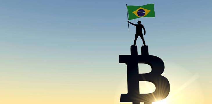 Person waving a brazil flag standing on top of a bitcoin cryptocurrency symbol. 3D Rendering — Stock Editorial Photography