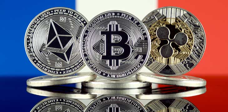 Physical version of Ethereum (ETH), Bitcoin (BTC), Ripple (XRP) and France Flag