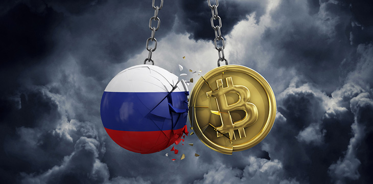 Russia flag smashing into a gold bitcoin crypto coin. 3D Rendering