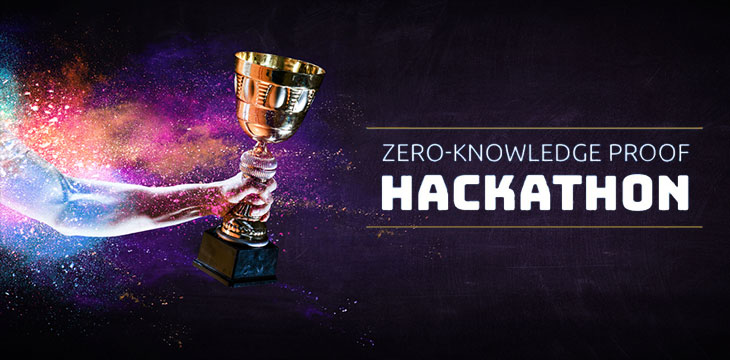 Hand holding up a gold trophy cup against dark background with logo of Zero-Knowledge Proof Hackathon