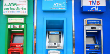 BANGKOK, THAILAND -NOVEMBER 15, 2014:ATM units by different Thai banks, Kasikornbank, Krungthai, and TMB. Most of ATMs in Thailand charge 150 bath fee for withdraw from overseas accounts.