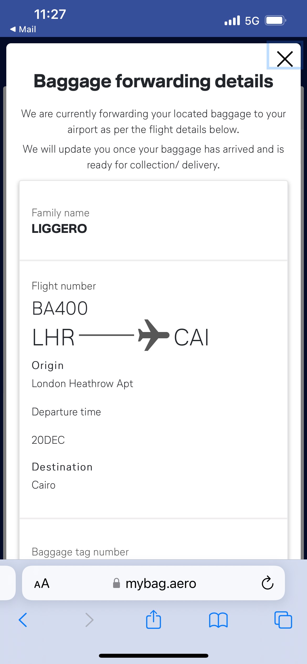 Screenshot of baggage forwarding details