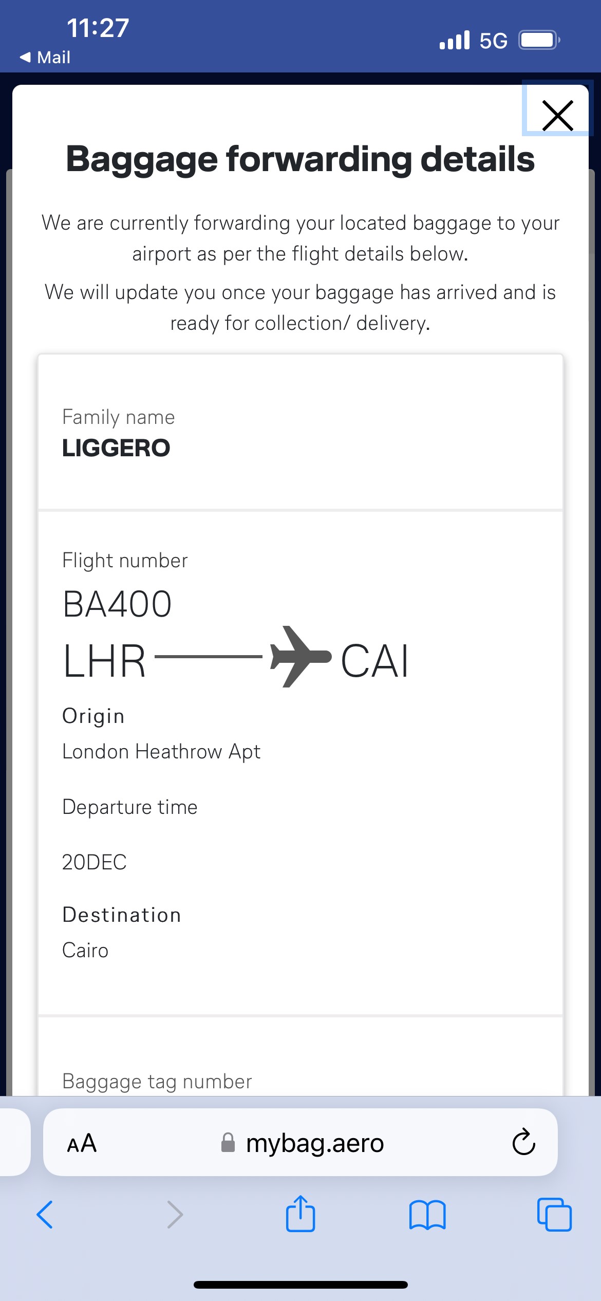 Baggage forwarding details screenshot