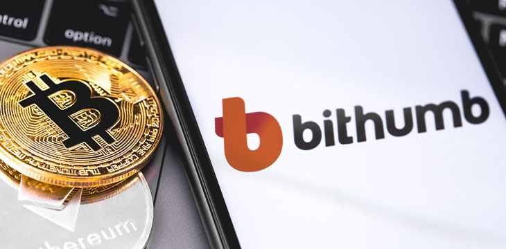 Bitcoins, Bithumb logo of crypto-exchange on the screen smartphone. Bithumb is popular largest cryptocurrency exchange on the market. Moscow, Russia