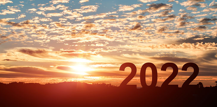 Concept of new year 2022 with silhouette of 2022 with clouds in the sky at sunset