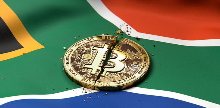 Cracked Bitcoin coin on South African flag. Bad Bitcoin condition in South Africa concept. 3D Rendering