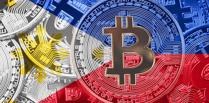 Stack of Bitcoin Philippines flag. Bitcoin cryptocurrencies concept. BTC background.