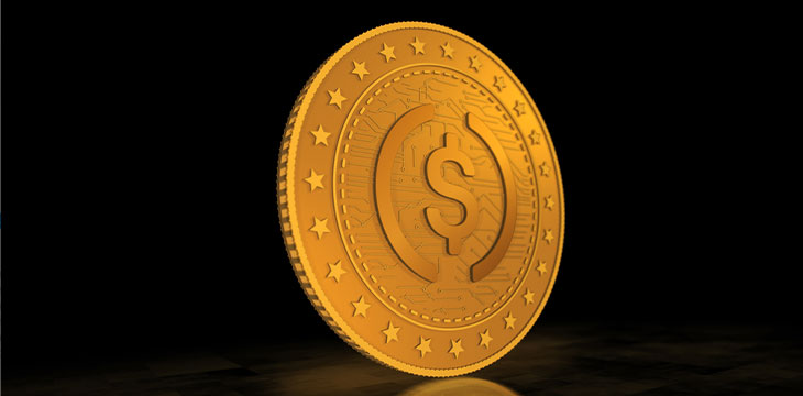 USDC cryptocurrency symbol gold USD coin on green screen background. Abstract concept 3d illustration.