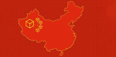 Flag of China, stars replaced with blockchain cubes on a chinese map.