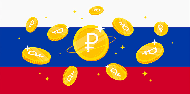 Digital Ruble RUB coins on Russia flag background