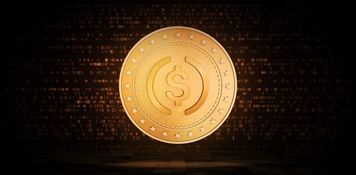 USDC cryptocurrency symbol gold USD coin on green screen background.