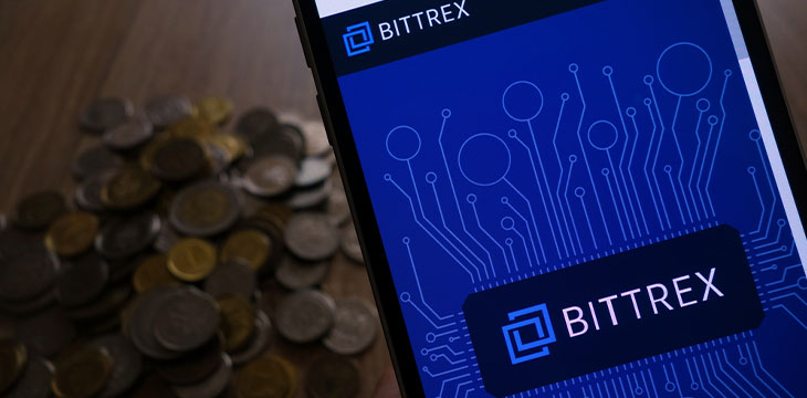 Bittrex cryptocurrency exchange website displayed on smartphone and stack of coins