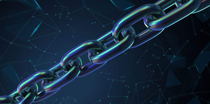 Blockchain Technology concept with 3d rendering with connected blue chains