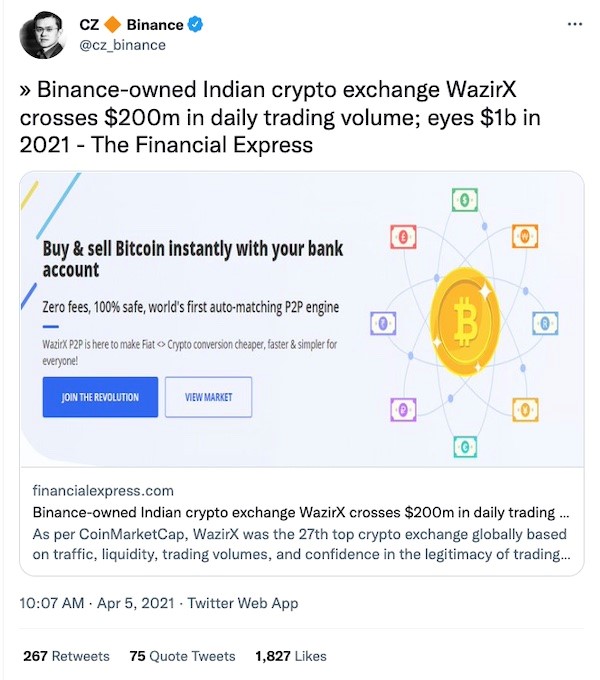 Changpeng Zhao's tweet on Binance's role and responsibility in operating the WazirX platform