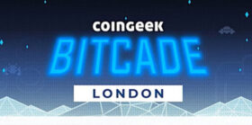 CoinGeek Bitcade London logo with arcade background