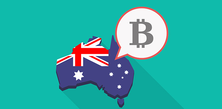 Illustration of a long shadow Australia map, its flag and a comic balloon with a Bitcoin sign