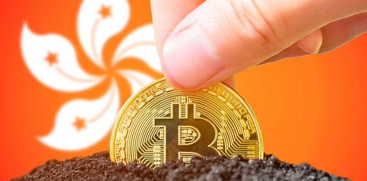 Planting a Bitcoin in the ground against the background of the flag of Hong Kong