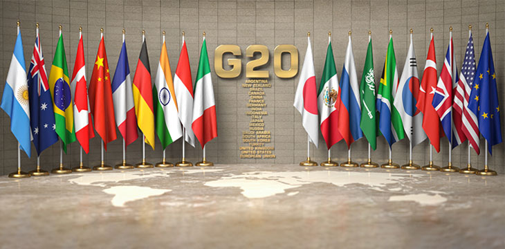 G20 summit or meeting concept Row from flags of members of G20 twenty group of twenty and list of countries