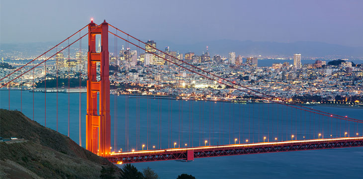 San Francisco skyline and cityscape overlooking Golden Gate bridge