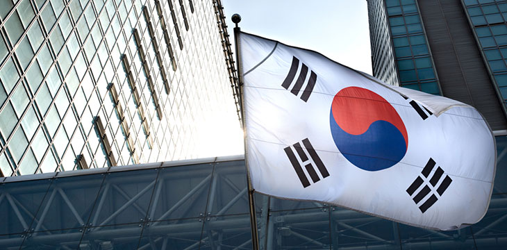 Flag of South Korea hanging in a high-rise building