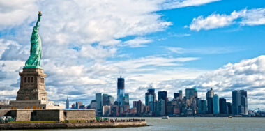 The Statue of Liberty and Manhattan Skyline and cityscape