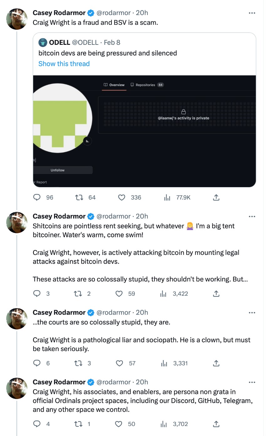 Ordinals Founder lashes out randomly at BSV and Dr. Craig Wright Source: Twitter - February 11, 2023