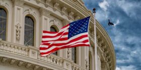 Washington DC capitol with waving flag