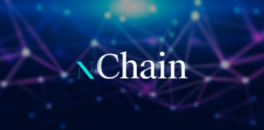 nChain logo nChain logo on abstract purple connection dots background.