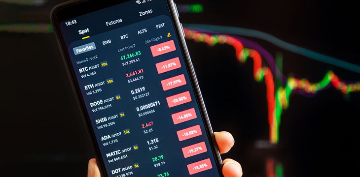 Bitcoin dump. BTC, ETH, Doge and other altcoins price crashed in red candle and massive sell-off. Binance mobile app running at mobile screen with trading page
