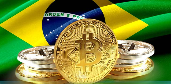 Bitcoin coins on brazil's flag
