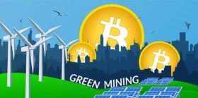 Concept of using green energy to protect the environment when mining bitcoin. Windmills and solar panels stand on the green grass to generate electricity. City skyline. Vector illustration.