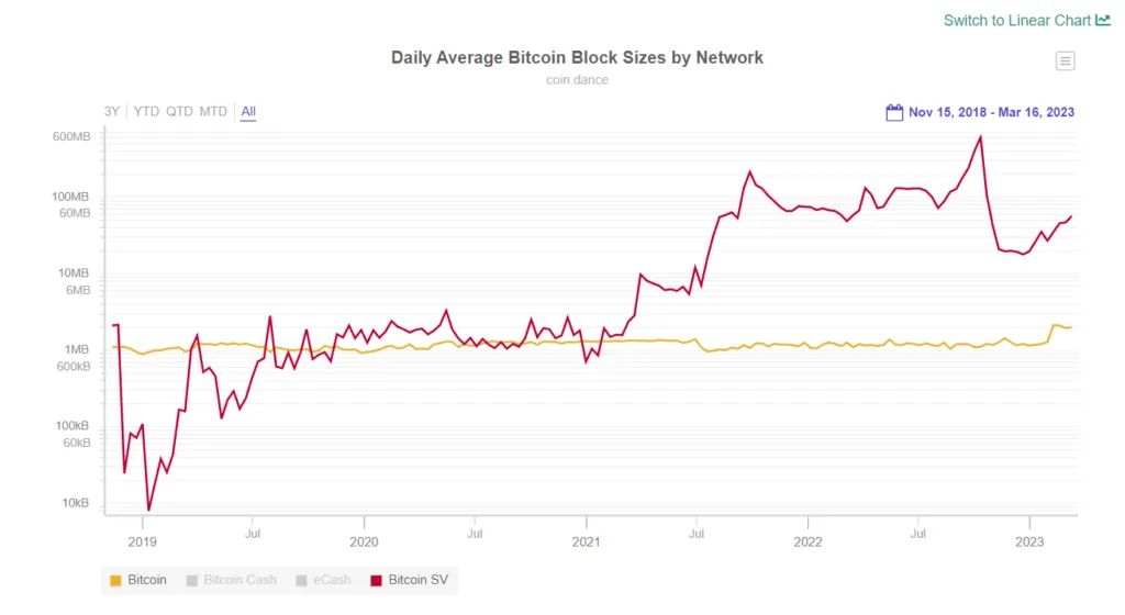 The logarithmic chart of the daily average Bitcoin block sizes by network