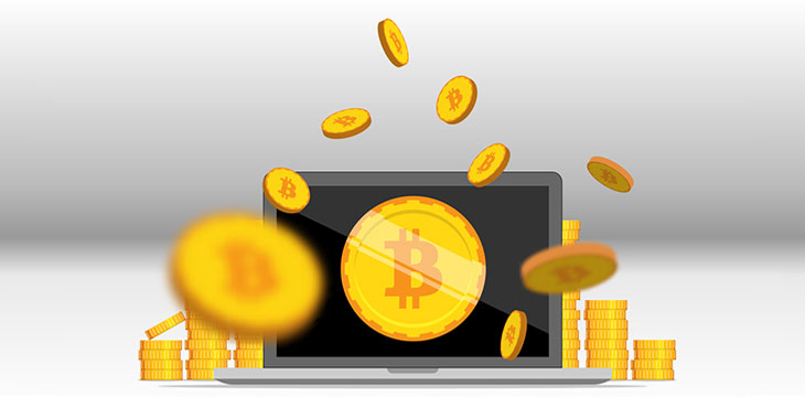 Flat bitcoin. Golden coins stack with computer mining equipment