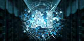 3D rendering of digital artificial intelligence text hologram on blue server background