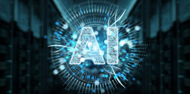 3D rendering of digital artificial intelligence text hologram on blue server background