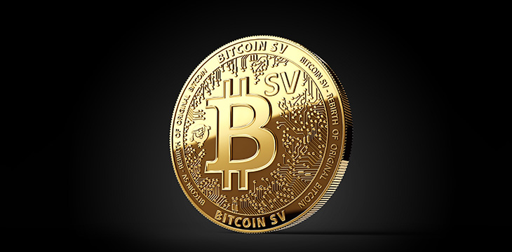 Golden Bitcoin Satoshi Vision (Bitcoin SV or BSV) cryptocurrency physical concept coin isolated on black background