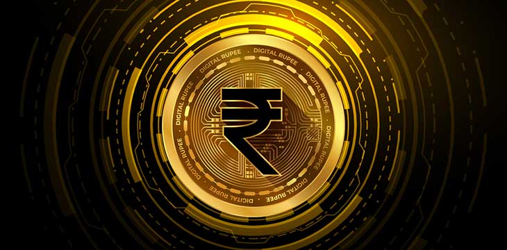 Futuristic digital indian currency sign on golden token background vector